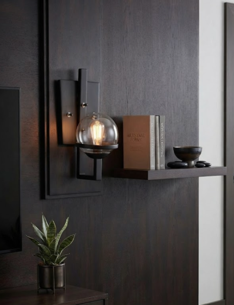 Aplique de Pared Moderno con Globo de Cristal y Estructura Negra