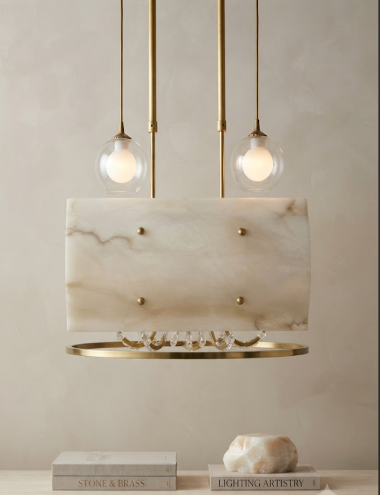 Lámpara Colgante Rectangular de Alabastro con Detalles Dorados